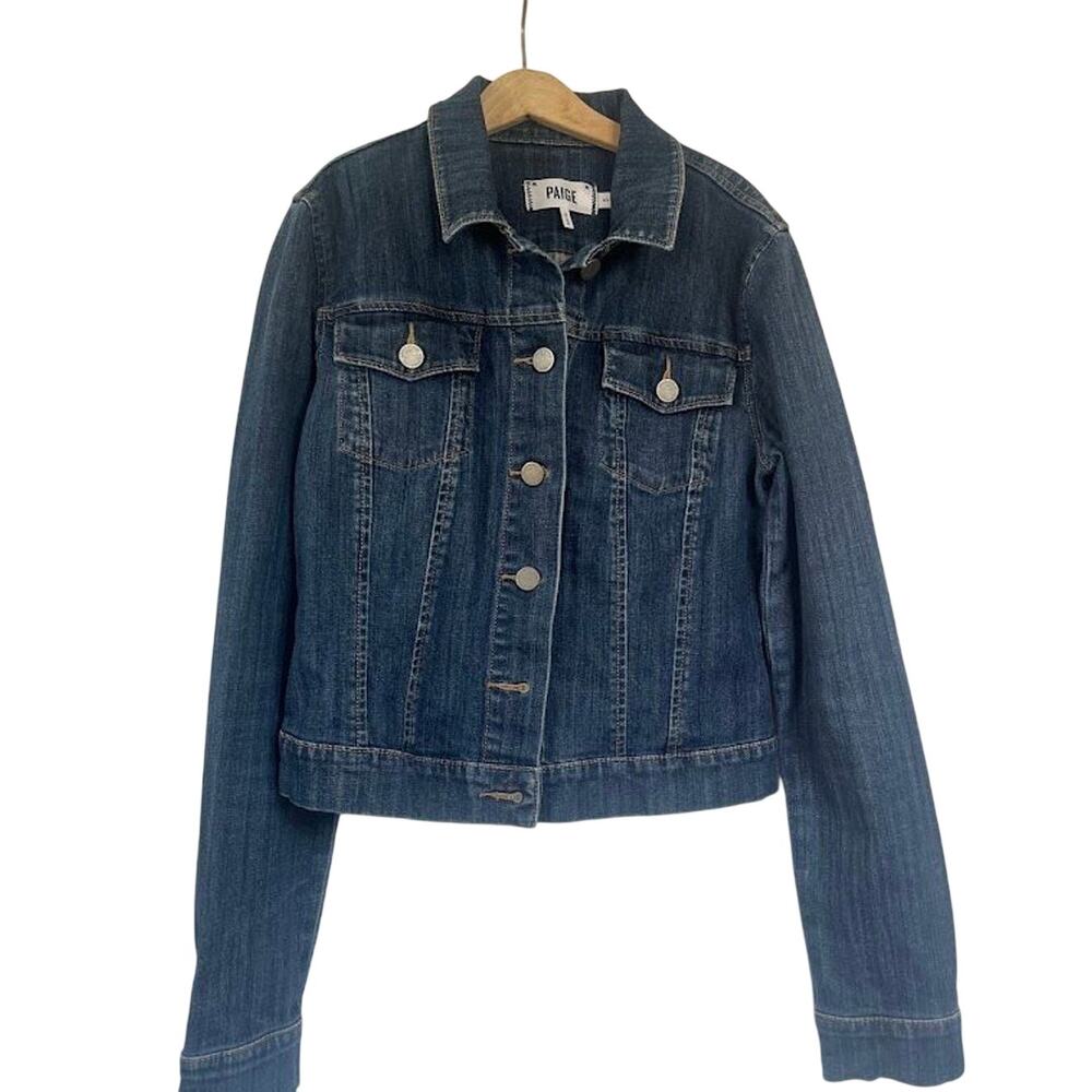 Paige "Vermont" Denim Trucker Jacket in Dark Wash Blue Jean. Size S